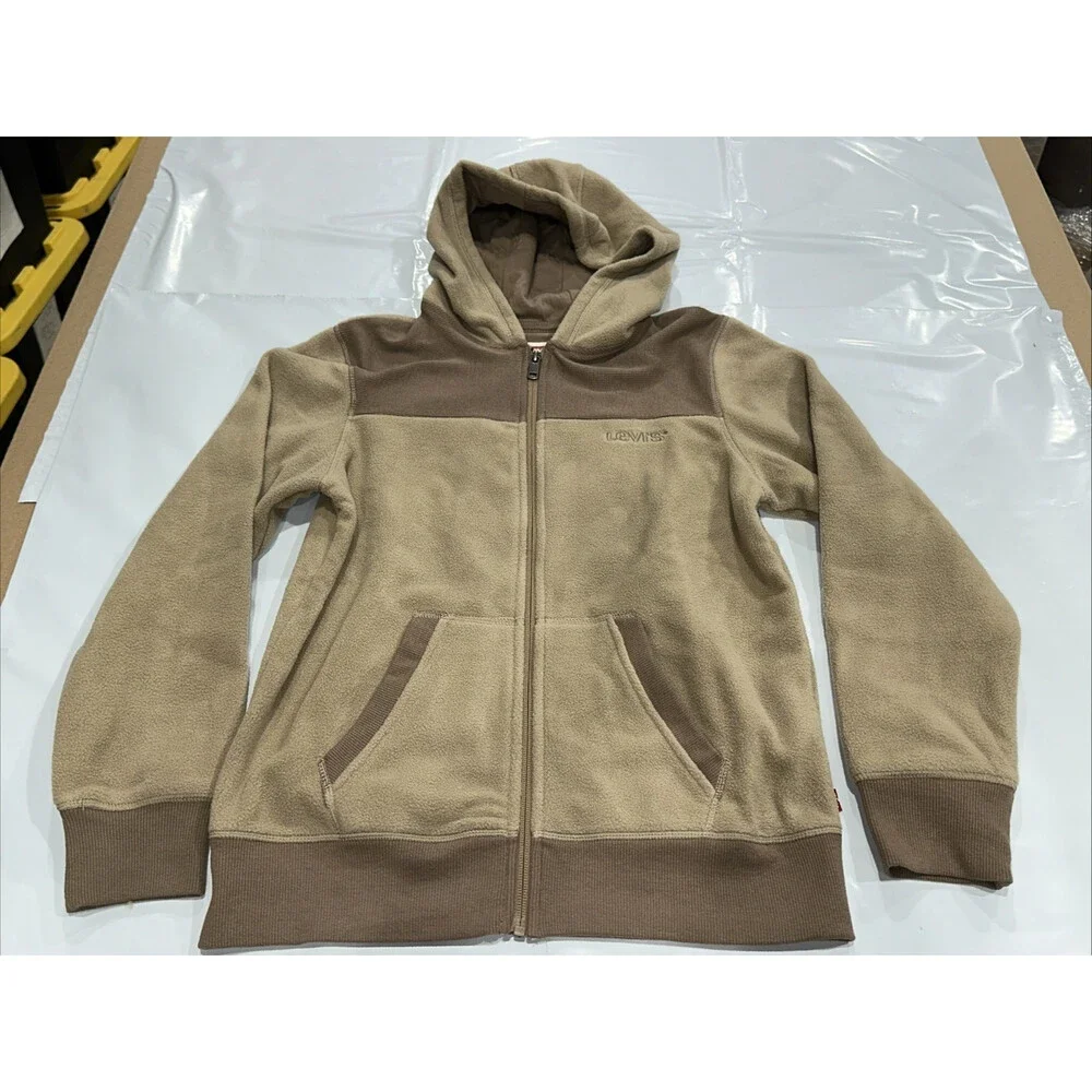 Levi's Hoodie Kids Large Brown Microfleece Rib-Cuff Full Zip Long Sleeve CEB095